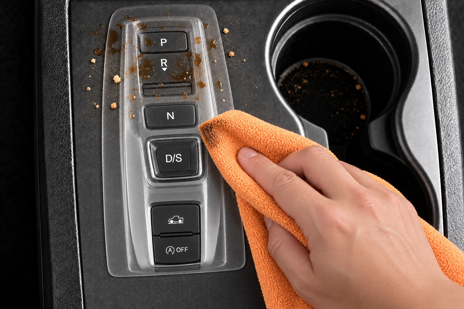 Concept of an orange microfiber cloth wiping coffee and dust from the installed clear Button Cover, leaving the lower half clean